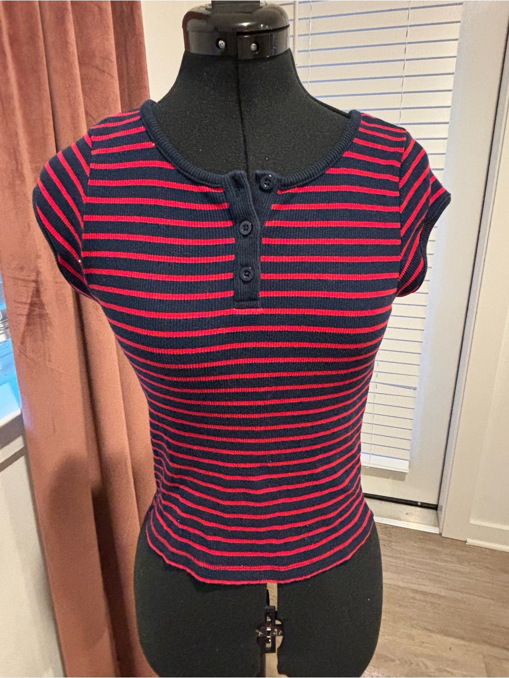 Chaser Navy & Red Striped Ribbed Henley Crop